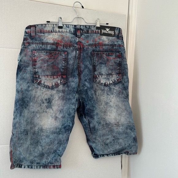 Young & Reckless Distressed Blue and Red Jean Shorts - Picture 1 of 9